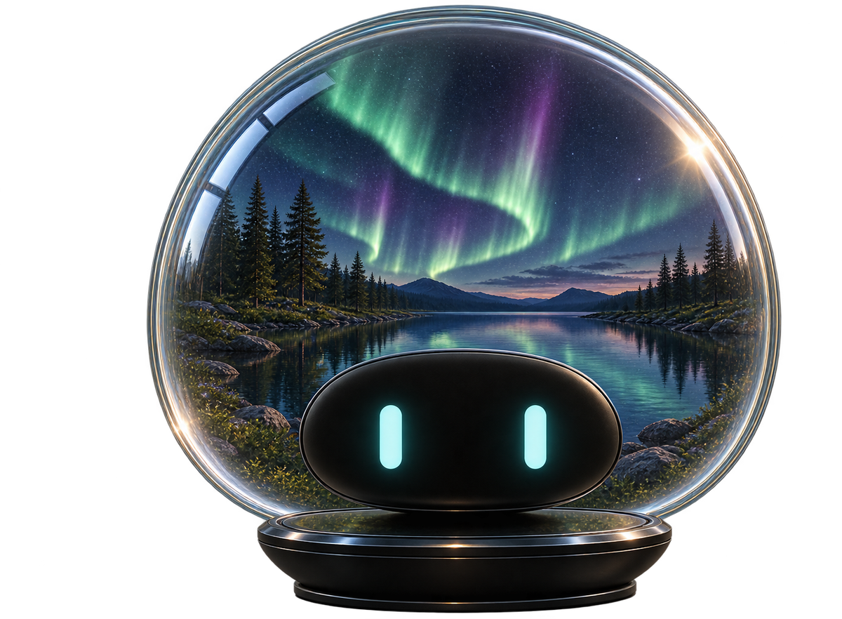 ilo, a rounded companion whose clear dome head holds a still lake under an aurora.