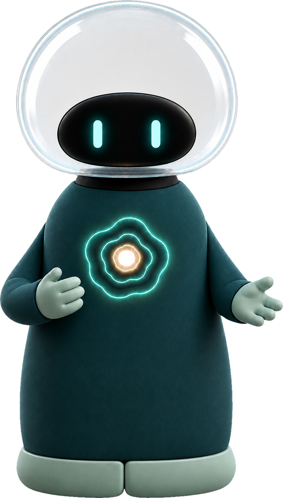ilo standing. A small rounded figure in deep teal with a luminous dome head, calm teal eyes, and a glowing amber heart ringed in teal.