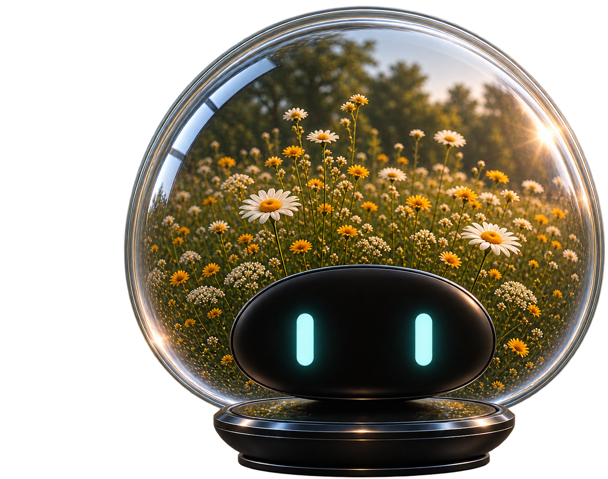 ilo, a rounded companion whose clear dome head holds a sunlit meadow.