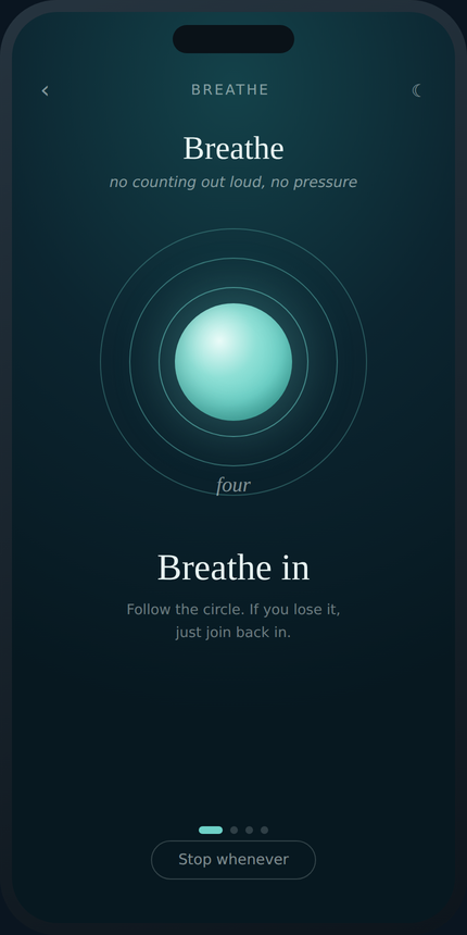 The Breathe pacer on a phone: a glowing circle with the cue Breathe in.