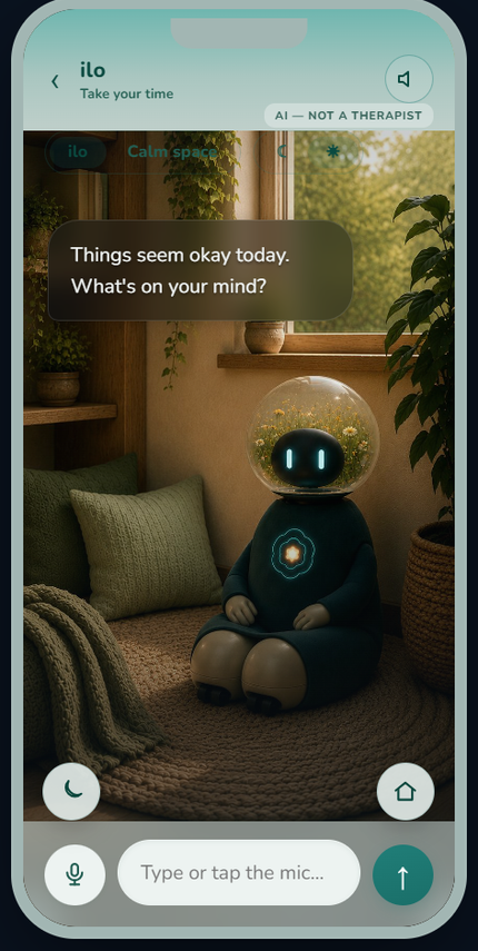 Talking with ilo on a phone. A label above the conversation reads AI, not a therapist.