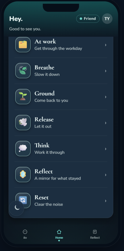 The NeuJoi tools list on a phone: At work, Breathe, Ground, Release, Think, Reflect, Reset.